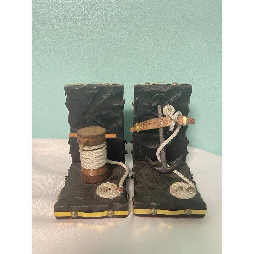 Vintage Nautical Wood Maritime Carved Black‎ Bookends 2PC Bin P